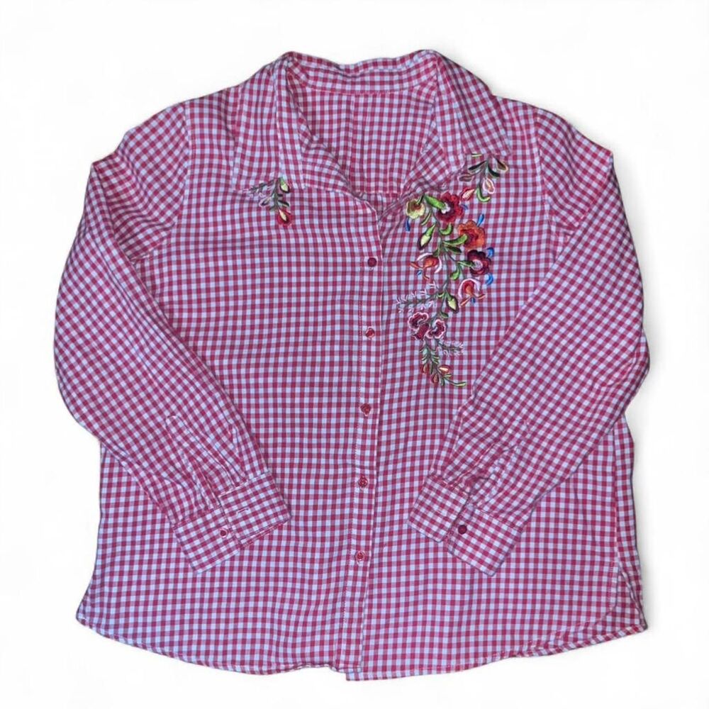 Women's Red and White Gingham Button Up Shirt with Embroidered Flowers SZ XL
